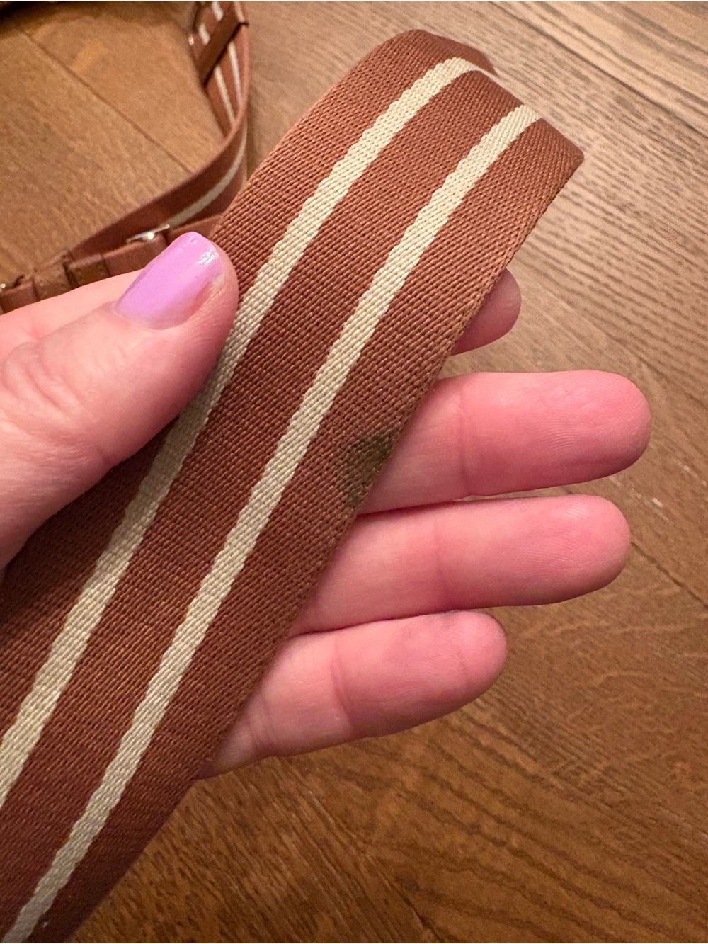 Kate Spade Tan Pebbled Leather Crossbody Bag with long adjustable striped strap - Picture 7 of 11